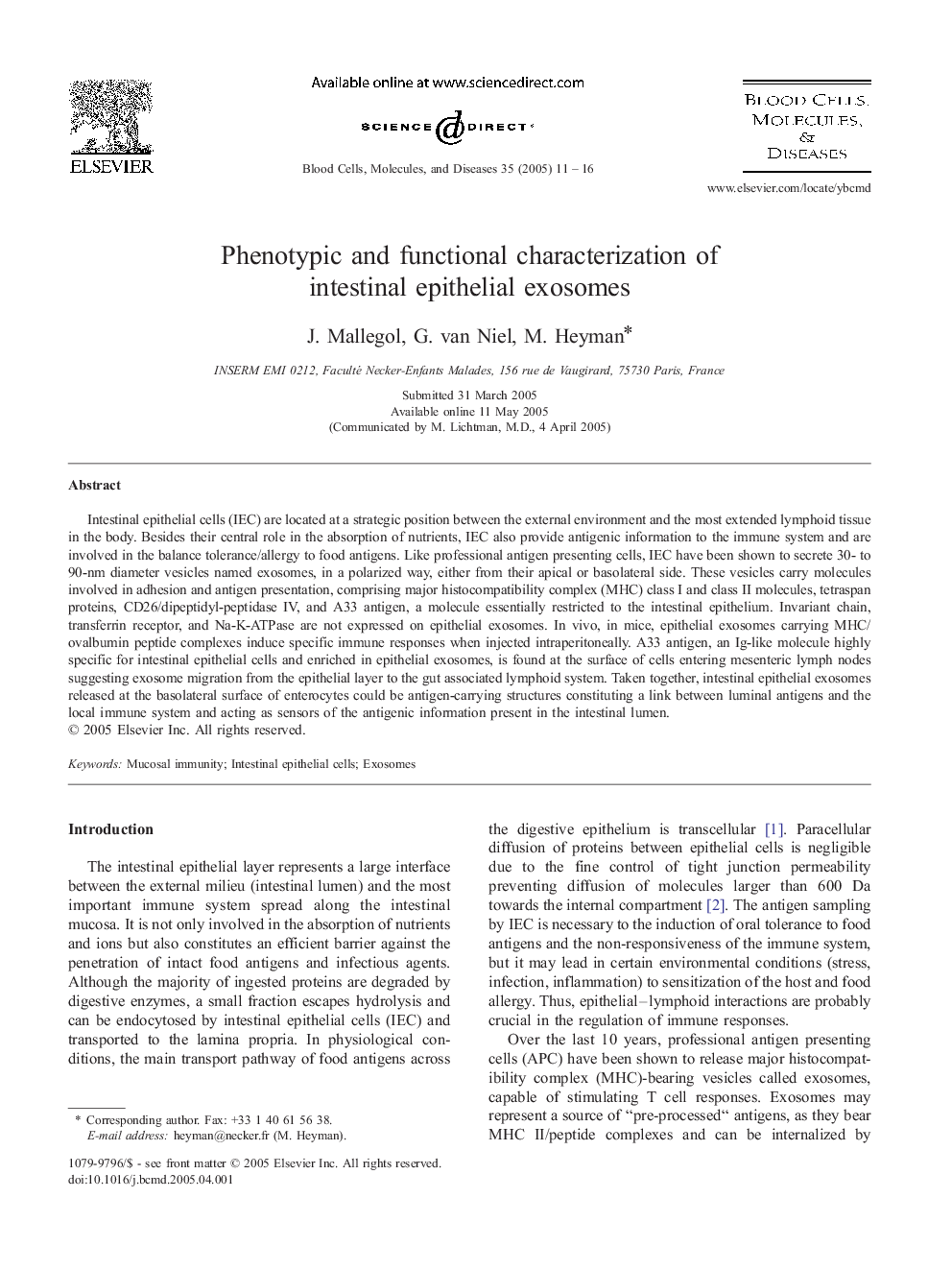 Phenotypic and functional characterization of intestinal epithelial exosomes