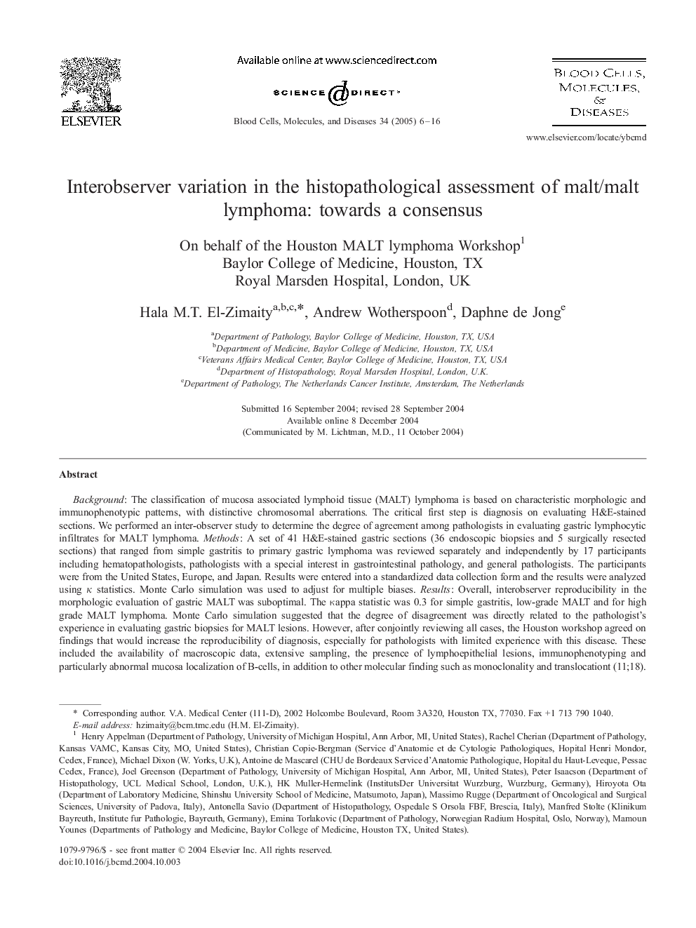 Interobserver variation in the histopathological assessment of malt/malt lymphoma: towards a consensus