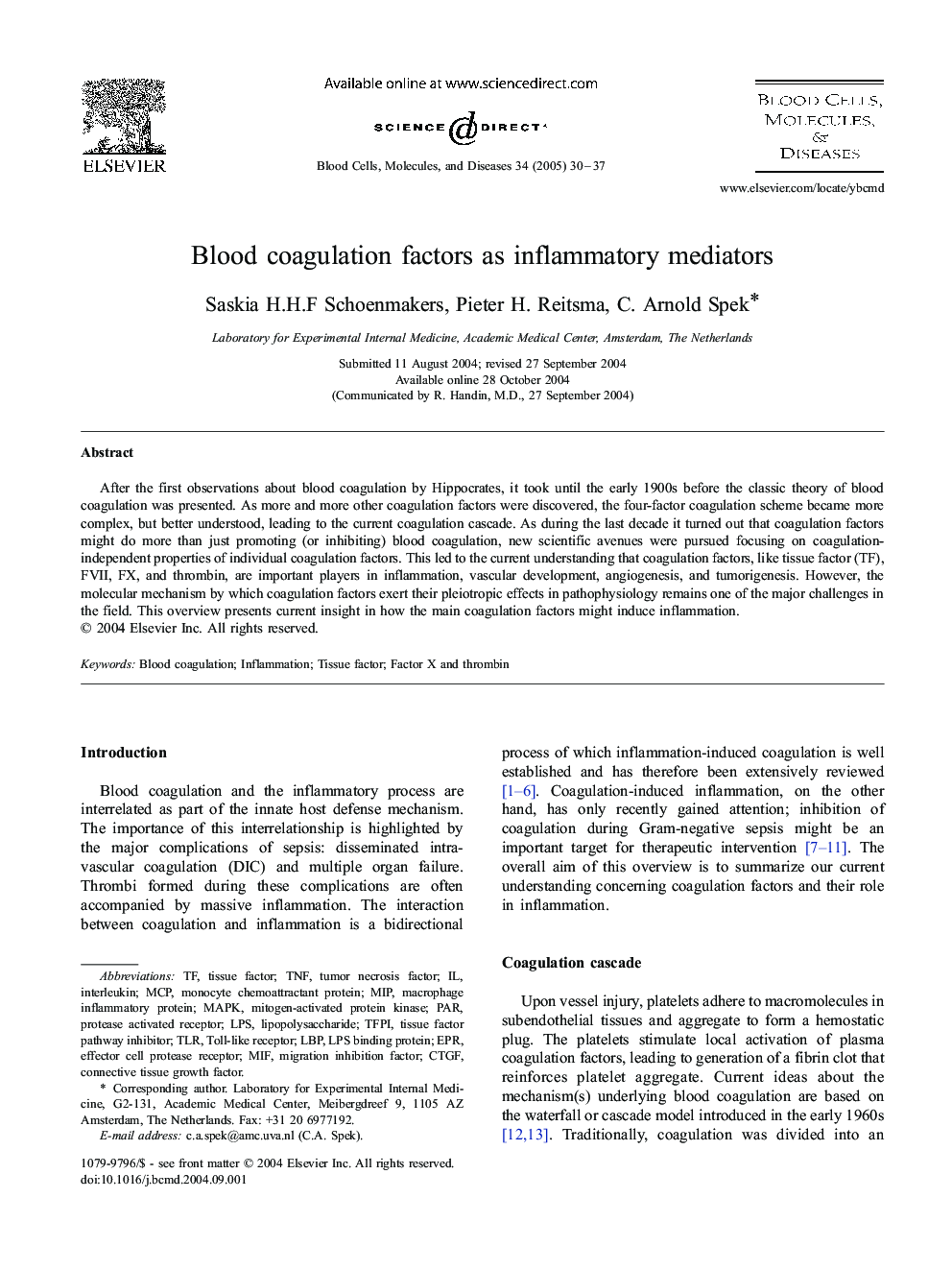 Blood coagulation factors as inflammatory mediators