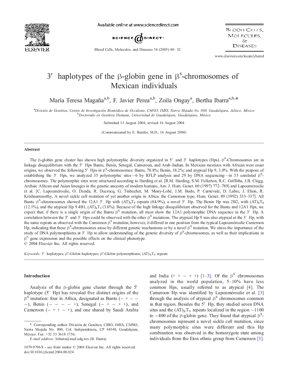 3â² haplotypes of the Î²-globin gene in Î²s-chromosomes of Mexican individuals
