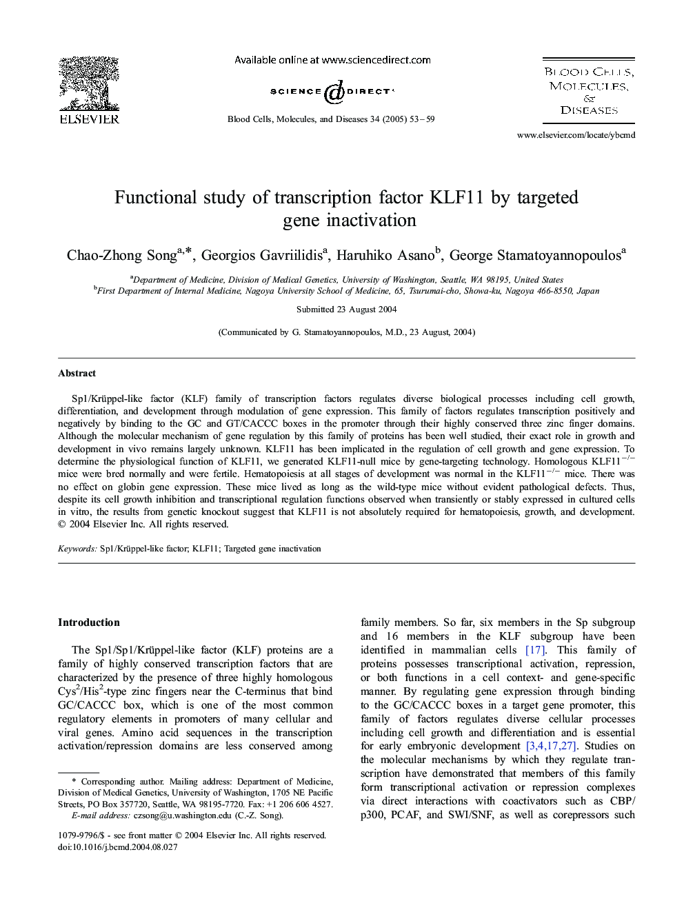 Functional study of transcription factor KLF11 by targeted gene inactivation