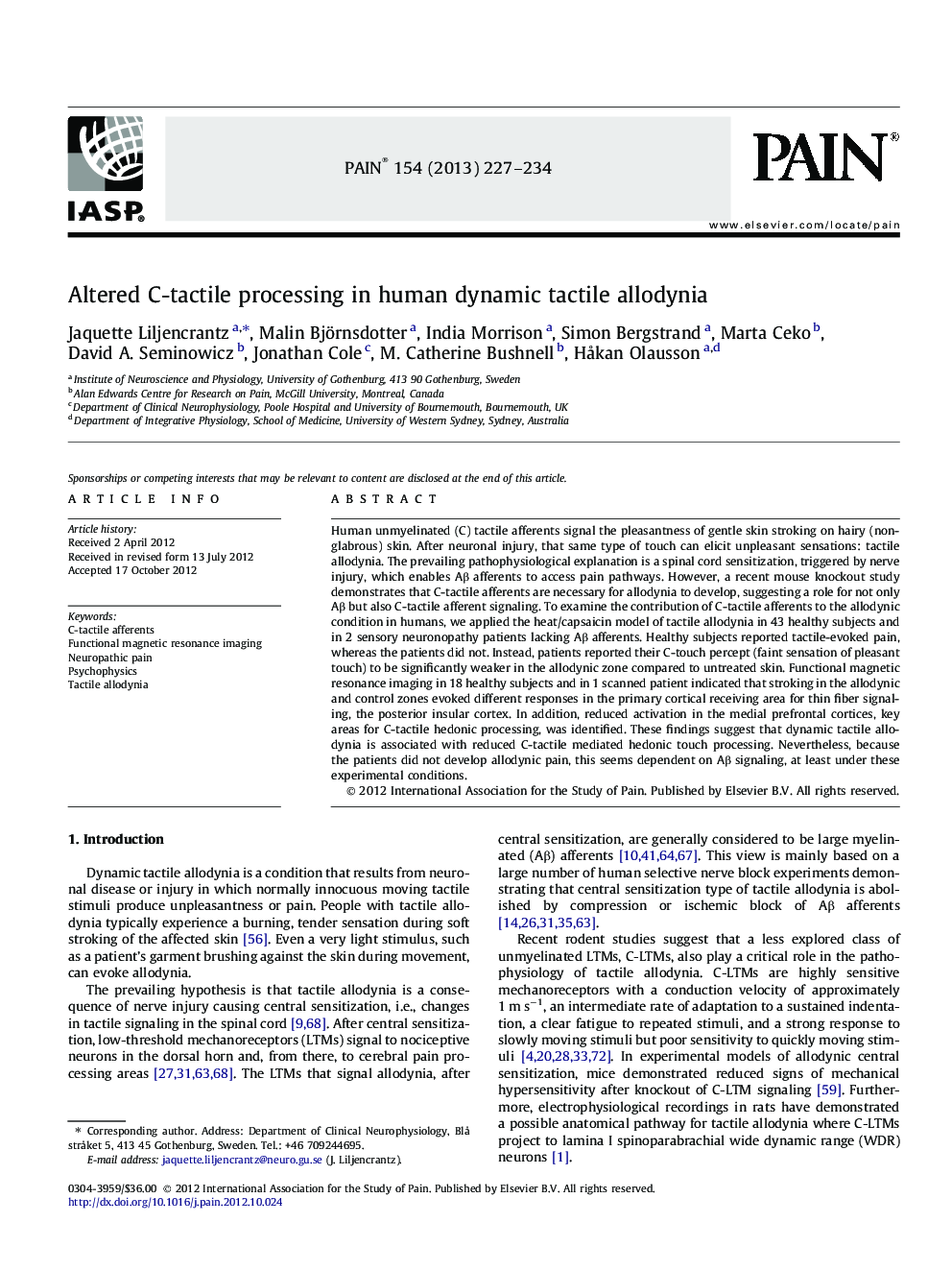 Altered C-tactile processing in human dynamic tactile allodynia