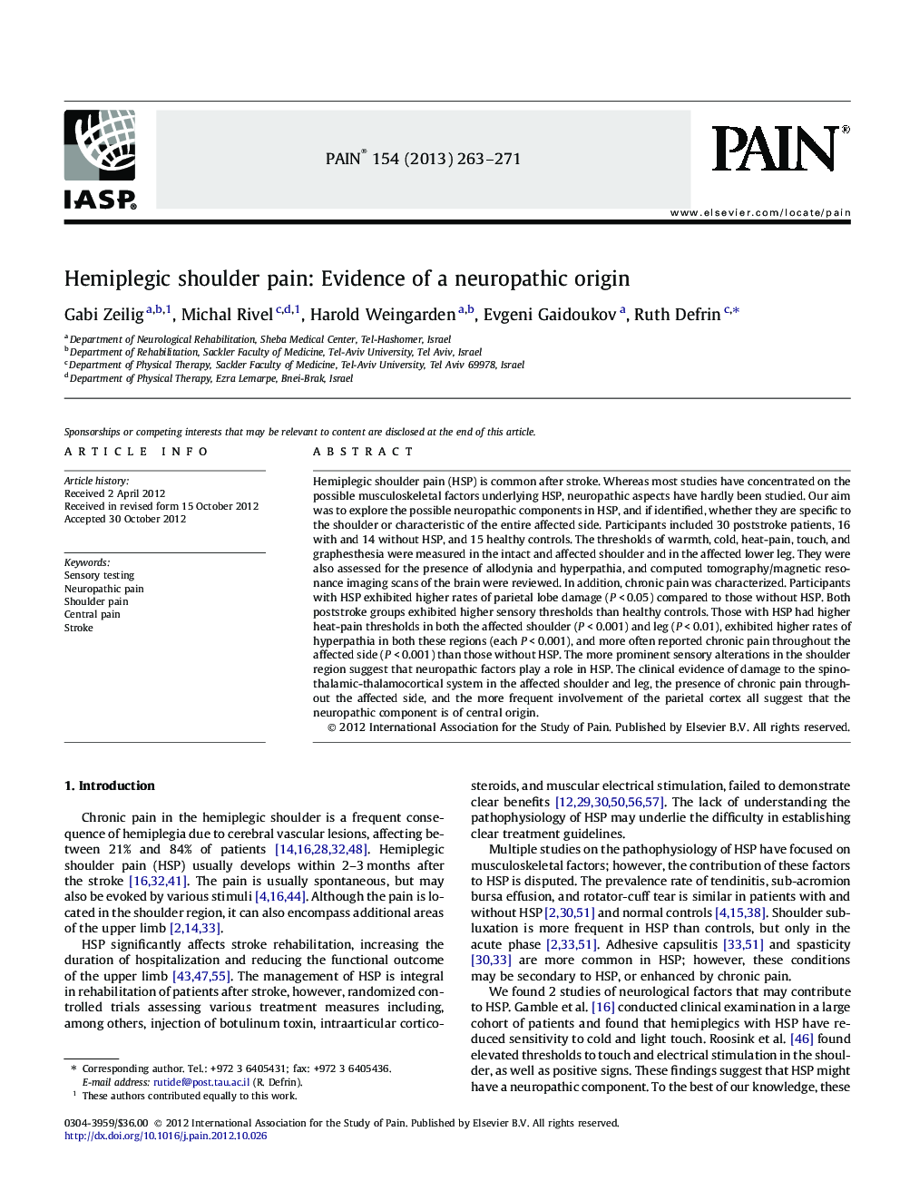 Hemiplegic shoulder pain: Evidence of a neuropathic origin