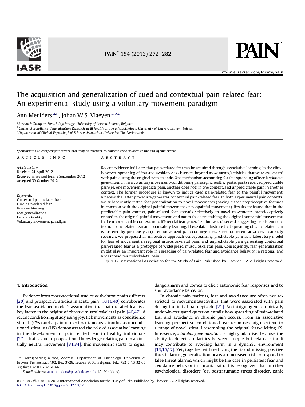 The acquisition and generalization of cued and contextual pain-related fear: An experimental study using a voluntary movement paradigm