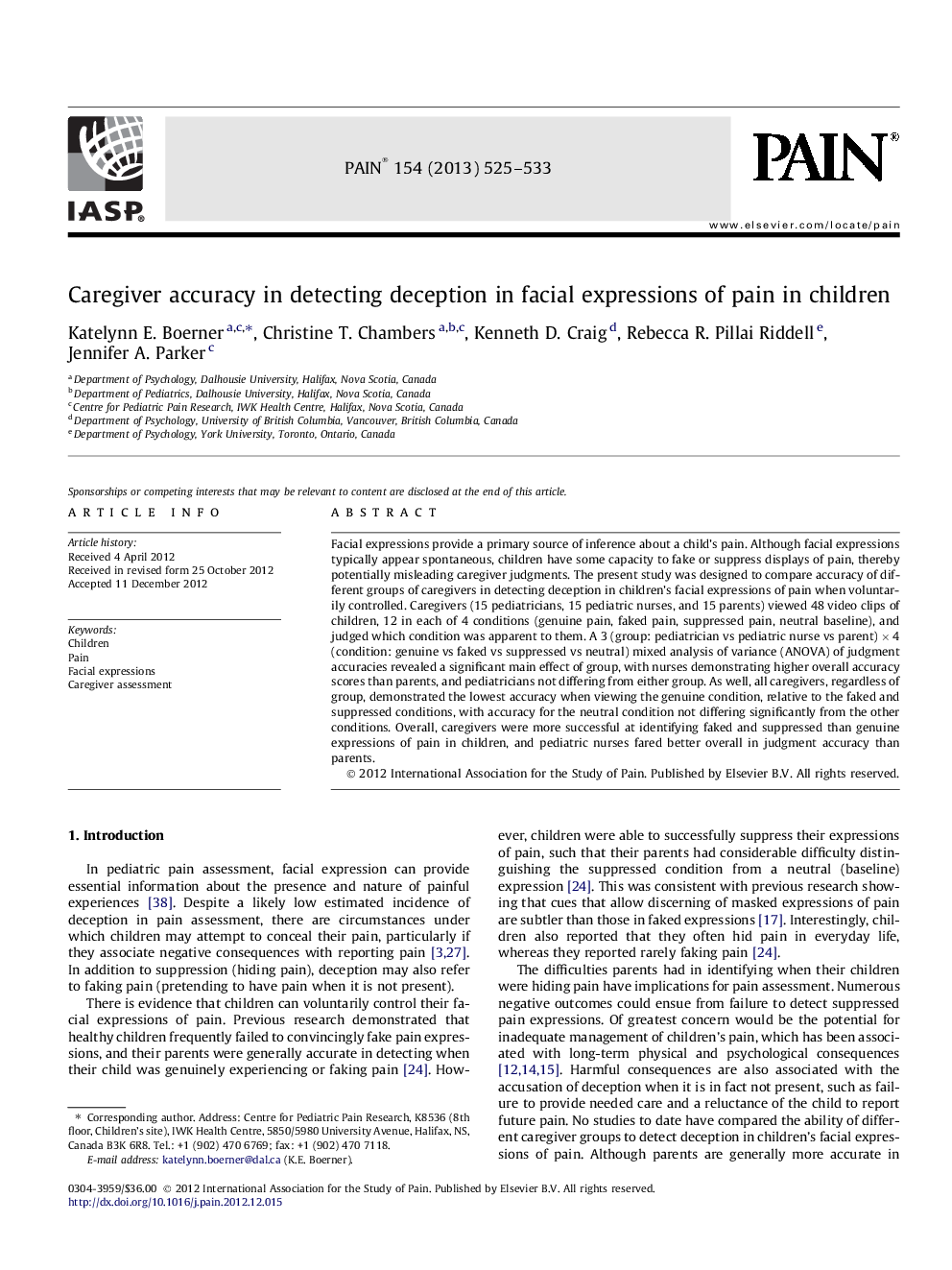 عکس صفحه اول مقاله: Caregiver accuracy in detecting deception in facial expressions of pain in children Caregiver accuracy in detecting deception in facial expressions of pain in children