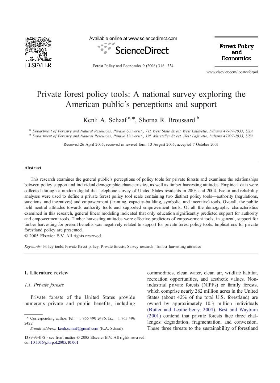 Private forest policy tools: A national survey exploring the American public's perceptions and support