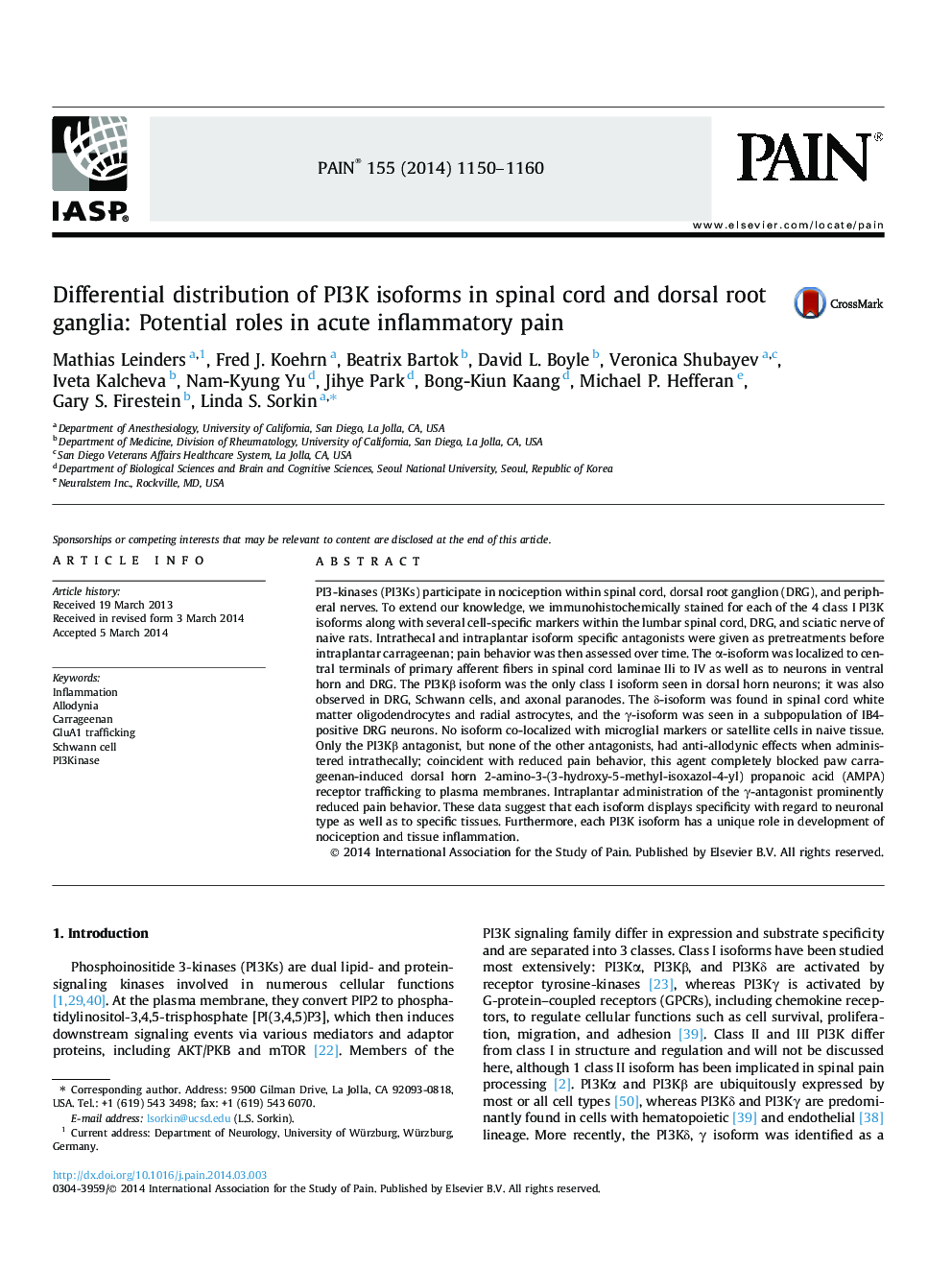 Differential distribution of PI3K isoforms in spinal cord and dorsal root ganglia: Potential roles in acute inflammatory pain