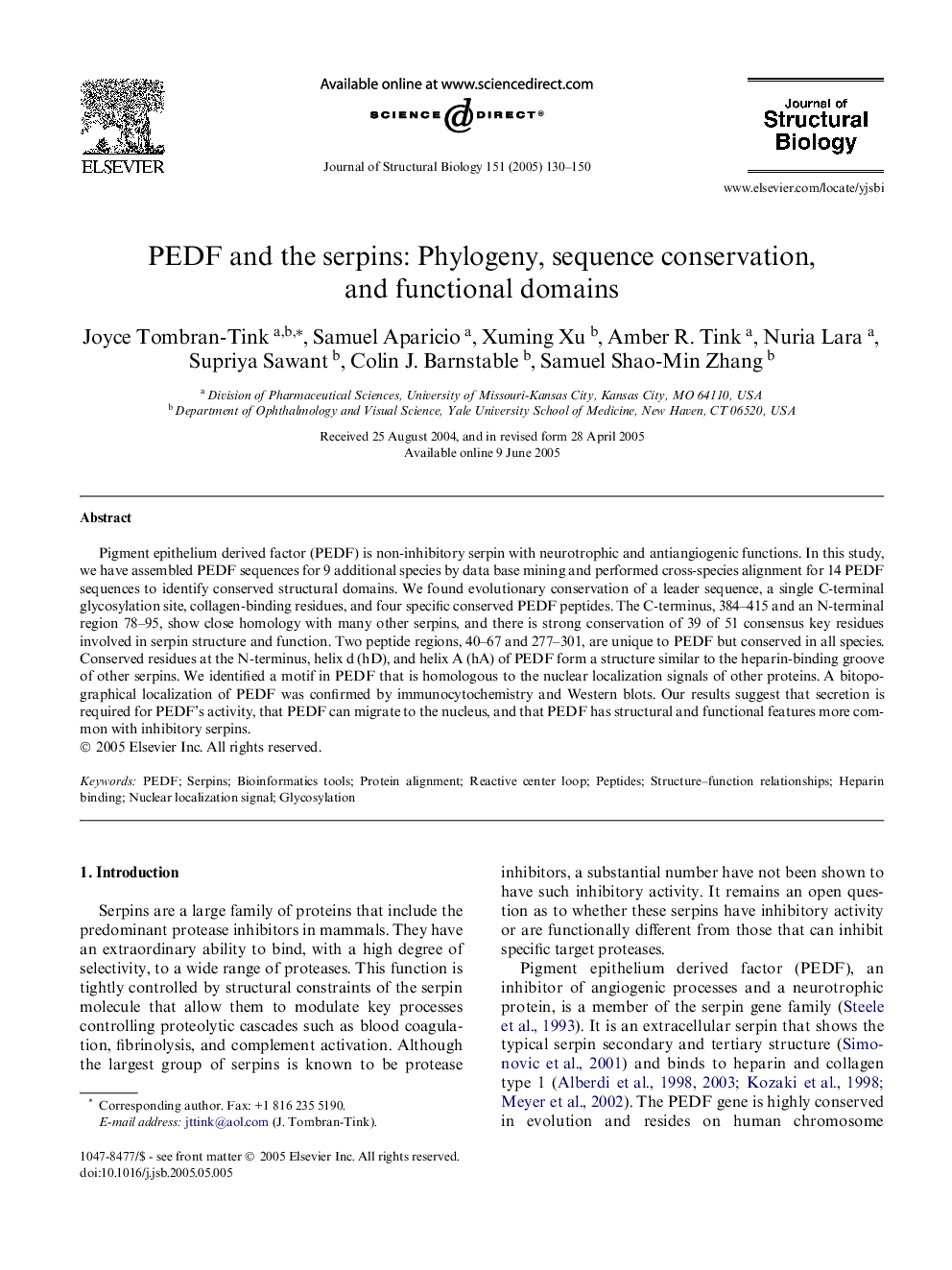 PEDF and the serpins: Phylogeny, sequence conservation, and functional domains