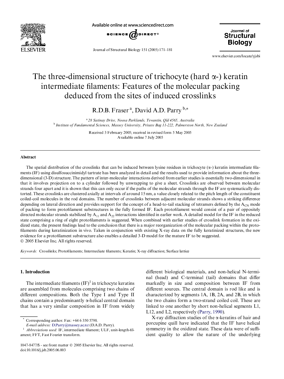 The three-dimensional structure of trichocyte (hard Î±-) keratin intermediate filaments: Features of the molecular packing deduced from the sites of induced crosslinks