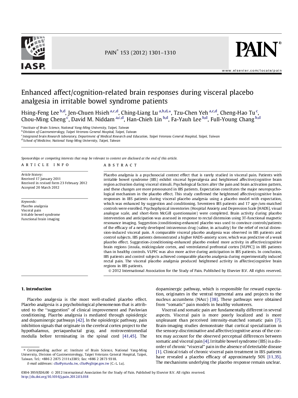 Enhanced affect/cognition-related brain responses during visceral placebo analgesia in irritable bowel syndrome patients