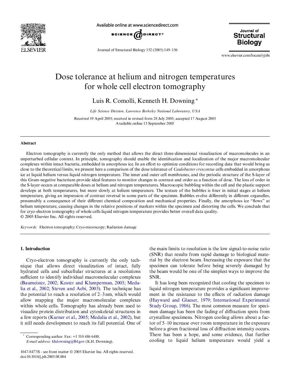 Dose tolerance at helium and nitrogen temperatures for whole cell electron tomography