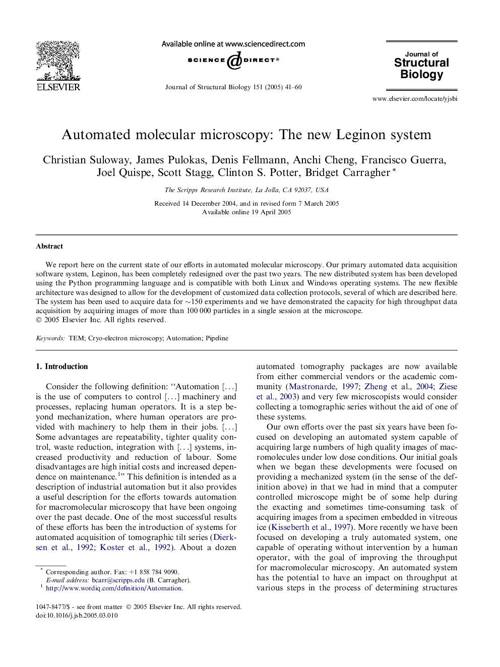 Automated molecular microscopy: The new Leginon system