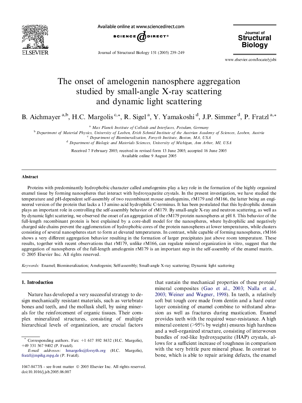 The onset of amelogenin nanosphere aggregation studied by small-angle X-ray scattering and dynamic light scattering