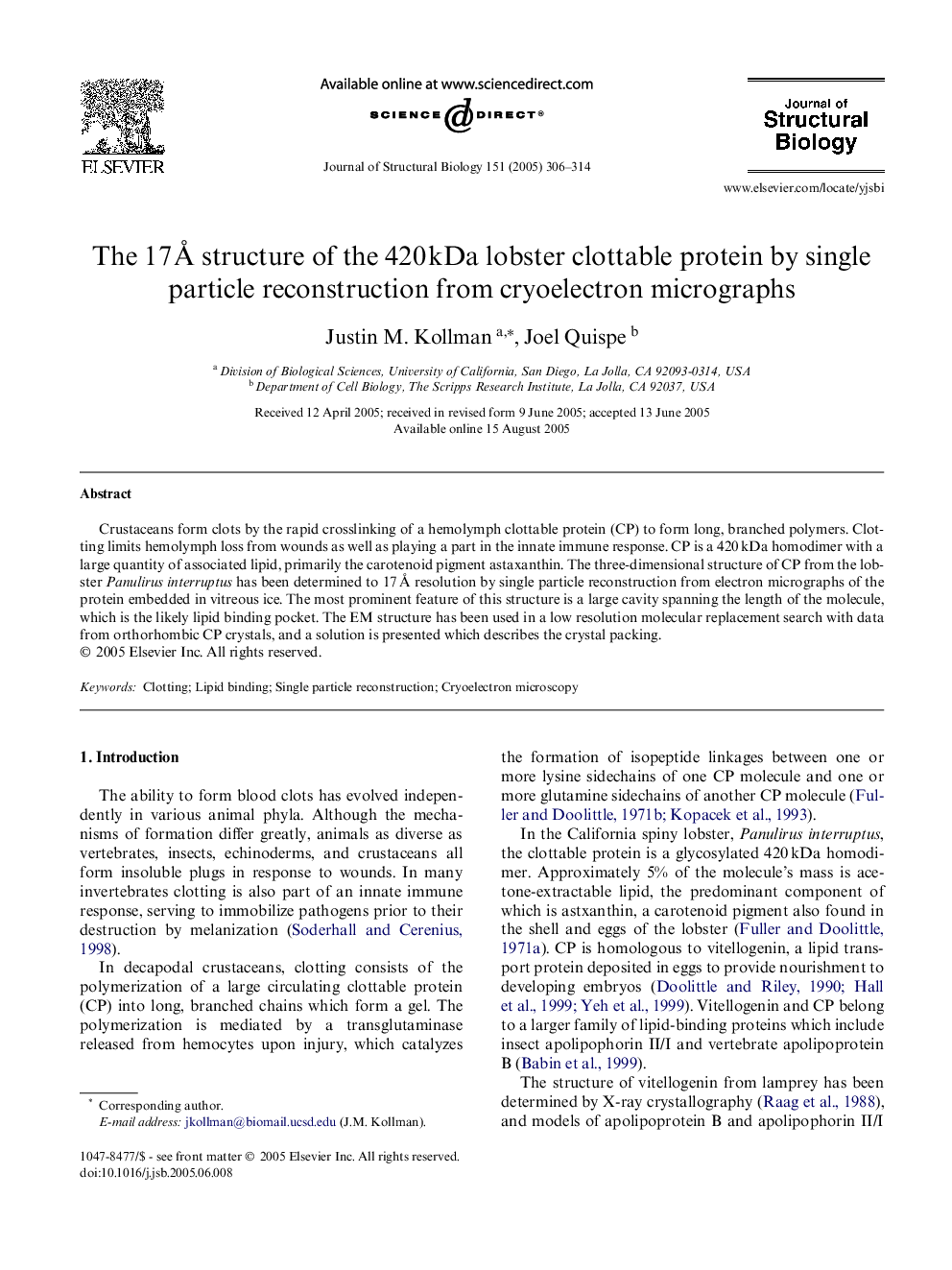 The 17Â Ã structure of the 420Â kDa lobster clottable protein by single particle reconstruction from cryoelectron micrographs