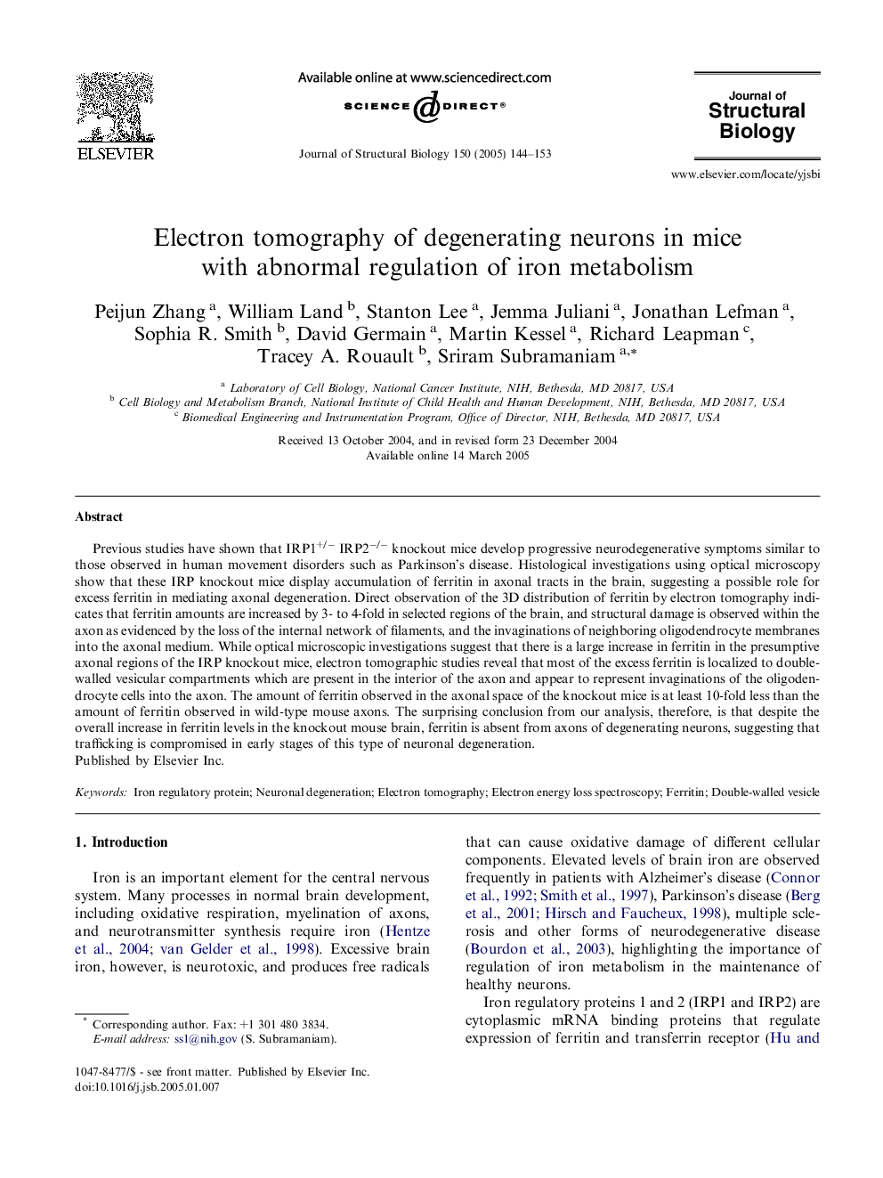 Electron tomography of degenerating neurons in mice with abnormal regulation of iron metabolism