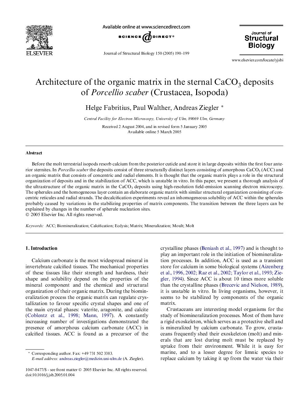 عکس صفحه اول مقاله: Architecture of the organic matrix in the sternal CaCO3 deposits of Porcellio scaber (Crustacea, Isopoda) Architecture of the organic matrix in the sternal CaCO3 deposits of Porcellio scaber (Crustacea, Isopoda)