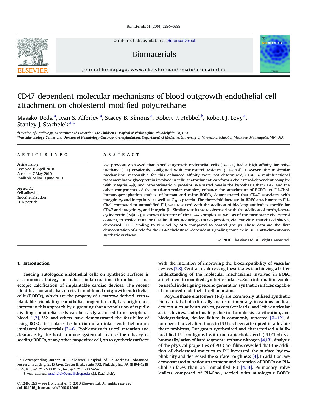 CD47-dependent molecular mechanisms of blood outgrowth endothelial cell attachment on cholesterol-modified polyurethane