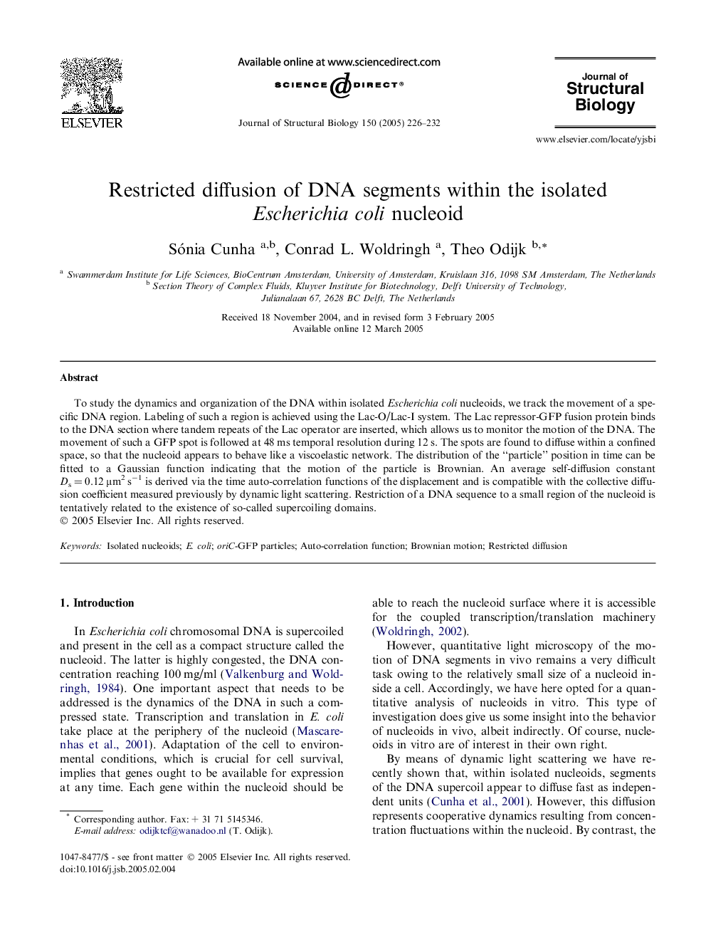 Restricted diffusion of DNA segments within the isolated Escherichia coli nucleoid