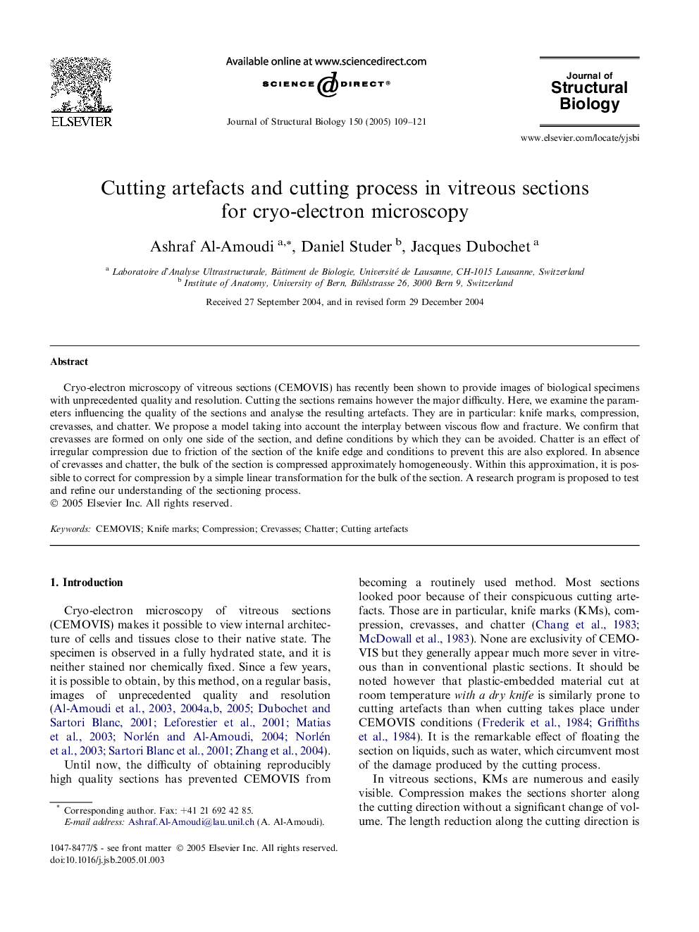 Cutting artefacts and cutting process in vitreous sections for cryo-electron microscopy