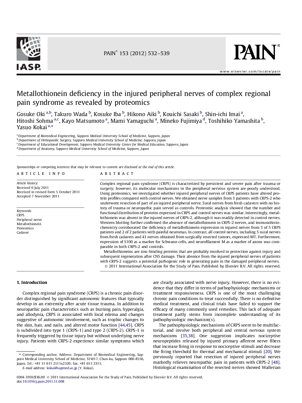 Metallothionein deficiency in the injured peripheral nerves of complex regional pain syndrome as revealed by proteomics