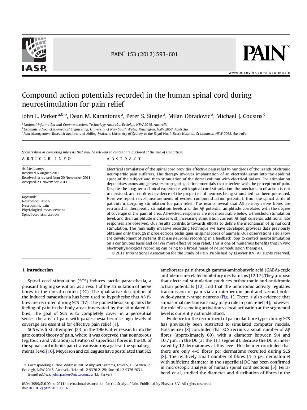 Compound action potentials recorded in the human spinal cord during neurostimulation for pain relief