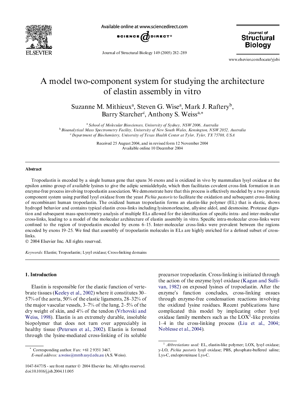 A model two-component system for studying the architecture of elastin assembly in vitro