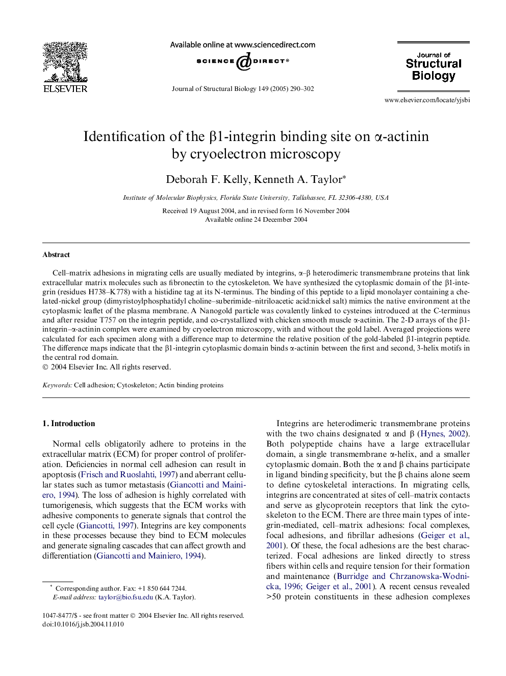 Identification of the Î²1-integrin binding site on Î±-actinin by cryoelectron microscopy