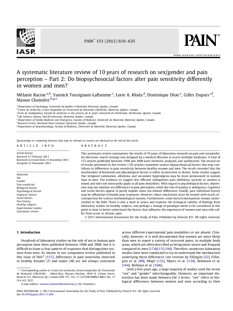 A systematic literature review of 10Â years of research on sex/gender and pain perception - Part 2: Do biopsychosocial factors alter pain sensitivity differently in women and men?