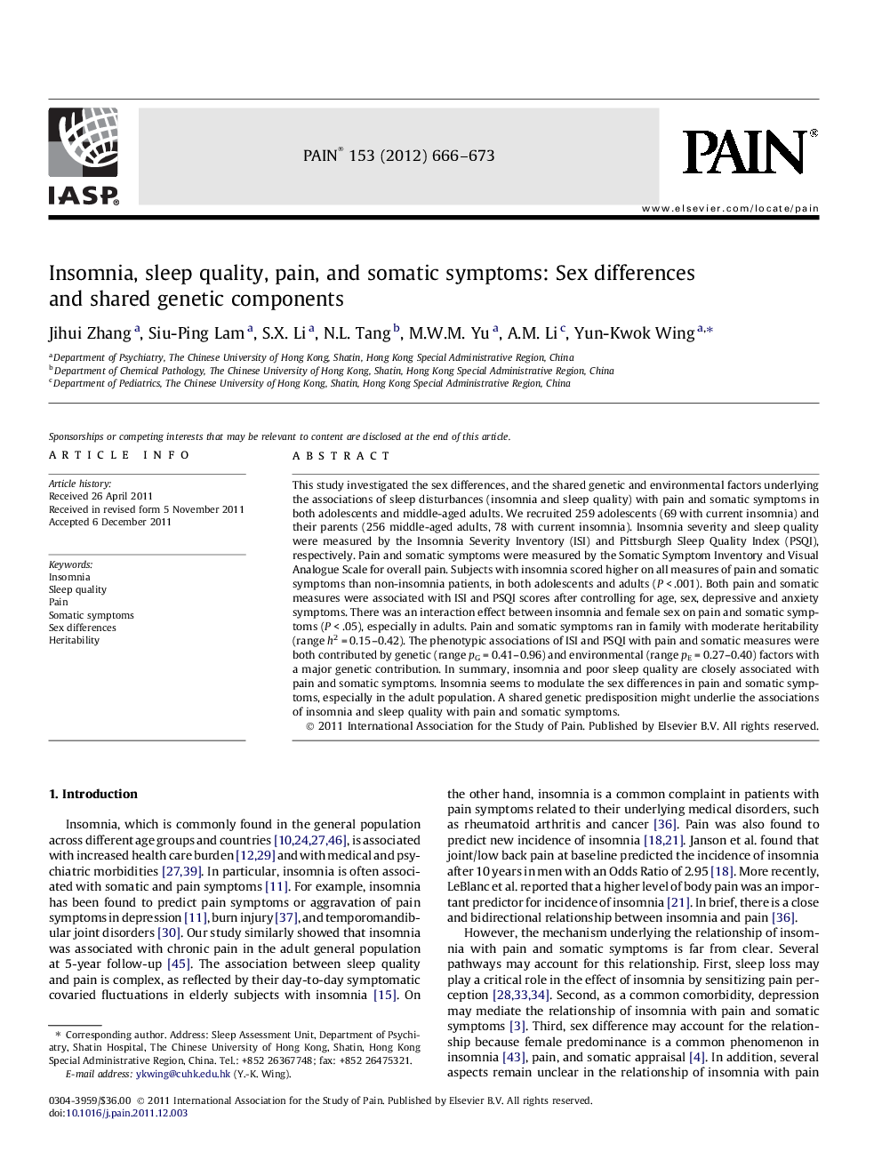 Insomnia, sleep quality, pain, and somatic symptoms: Sex differences and shared genetic components