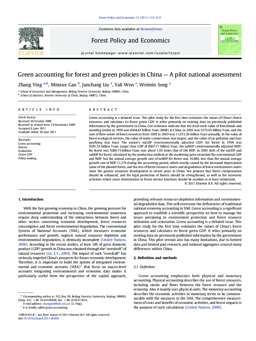 Green accounting for forest and green policies in China — A pilot national assessment