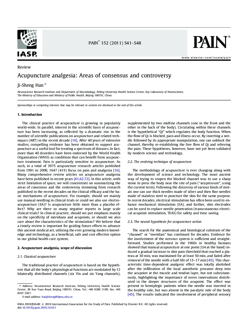 عکس صفحه اول مقاله: Acupuncture analgesia: Areas of consensus and controversy Acupuncture analgesia: Areas of consensus and controversy