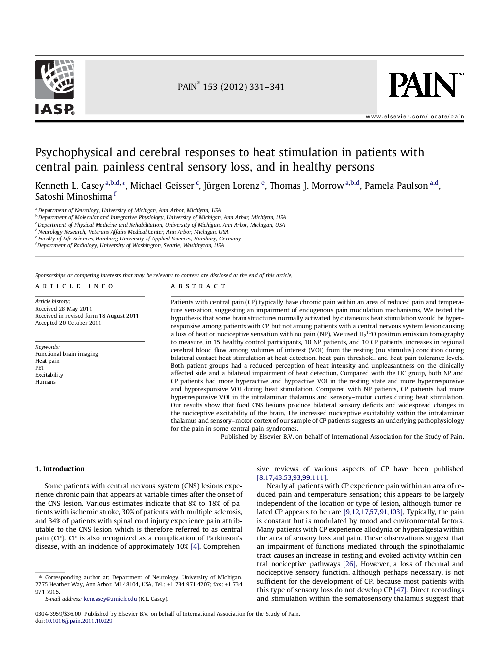 Psychophysical and cerebral responses to heat stimulation in patients with central pain, painless central sensory loss, and in healthy persons