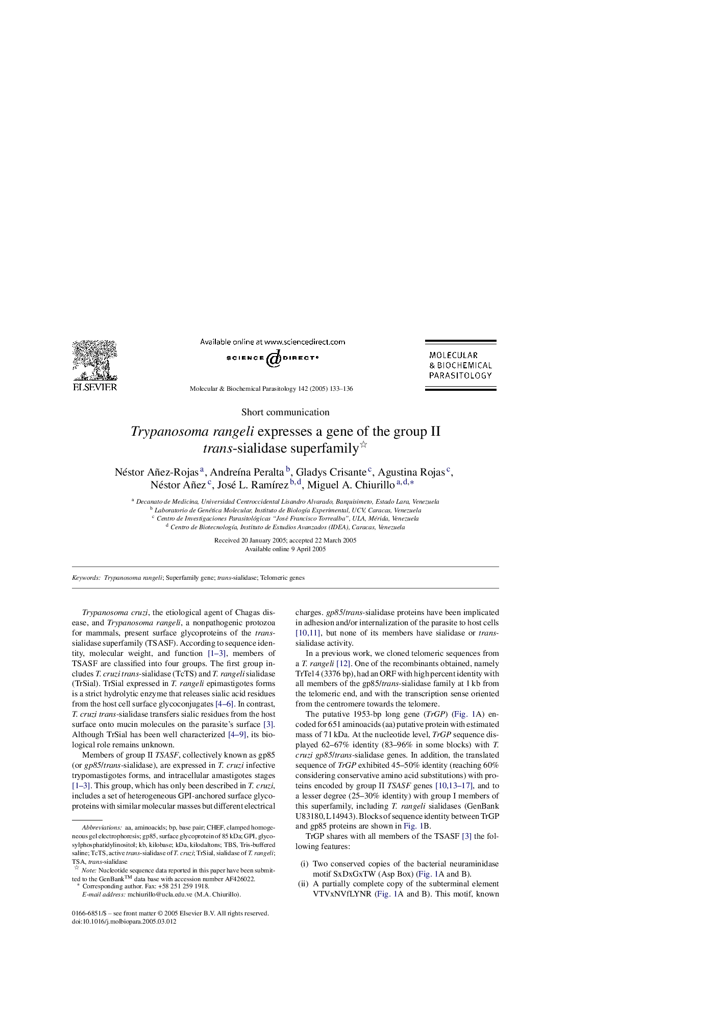عکس صفحه اول مقاله: Trypanosoma rangeli expresses a gene of the group II trans-sialidase superfamily Trypanosoma rangeli expresses a gene of the group II trans-sialidase superfamily