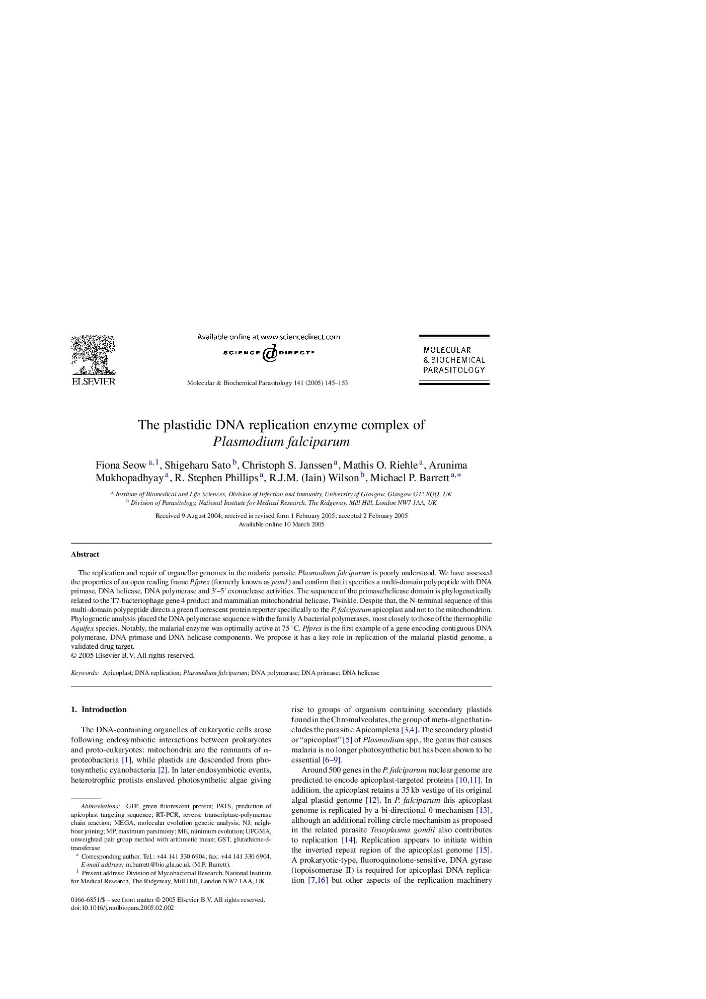 The plastidic DNA replication enzyme complex of Plasmodium falciparum