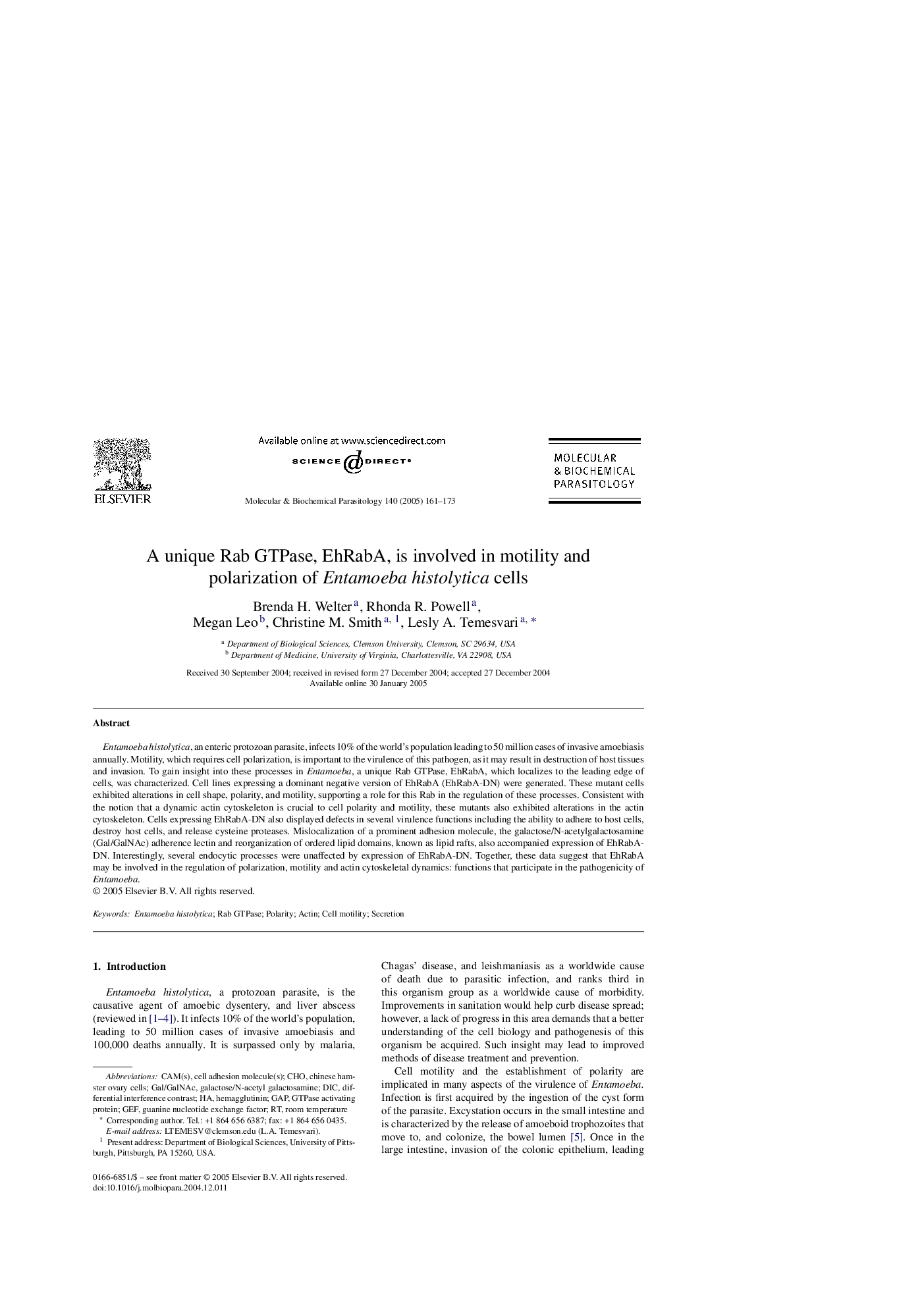 A unique Rab GTPase, EhRabA, is involved in motility and polarization of Entamoeba histolytica cells