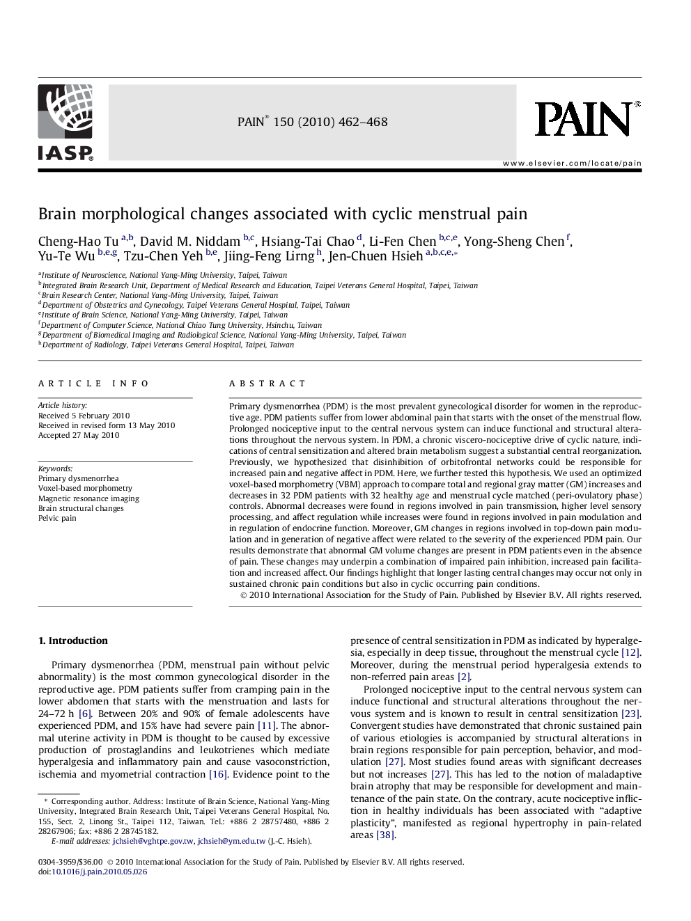 Brain morphological changes associated with cyclic menstrual pain