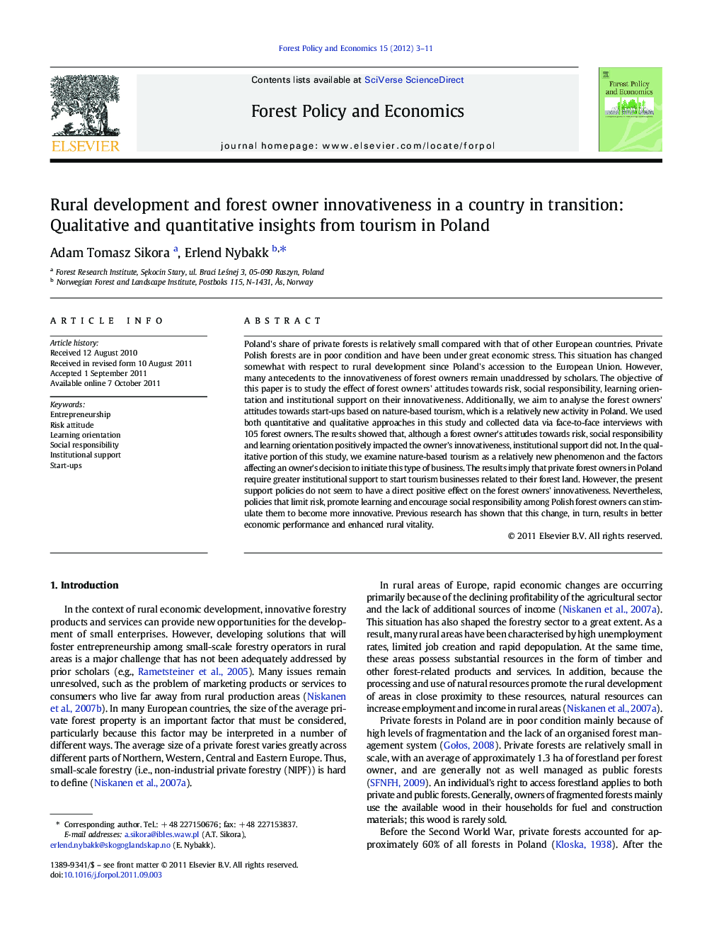 Rural development and forest owner innovativeness in a country in transition: Qualitative and quantitative insights from tourism in Poland