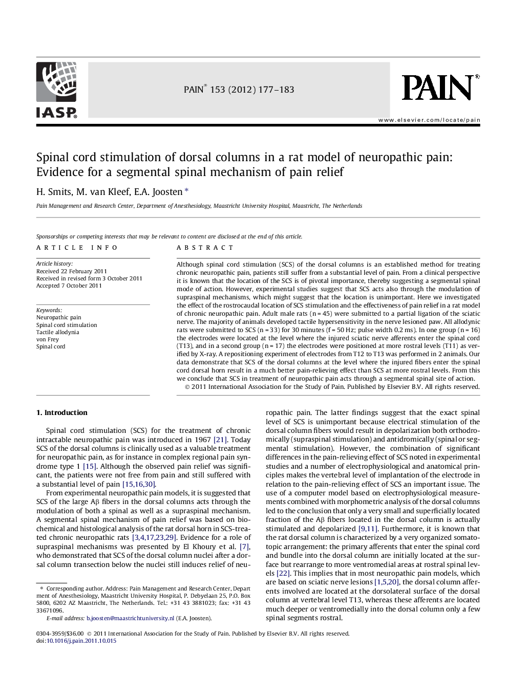 Spinal cord stimulation of dorsal columns in a rat model of neuropathic pain: Evidence for a segmental spinal mechanism of pain relief