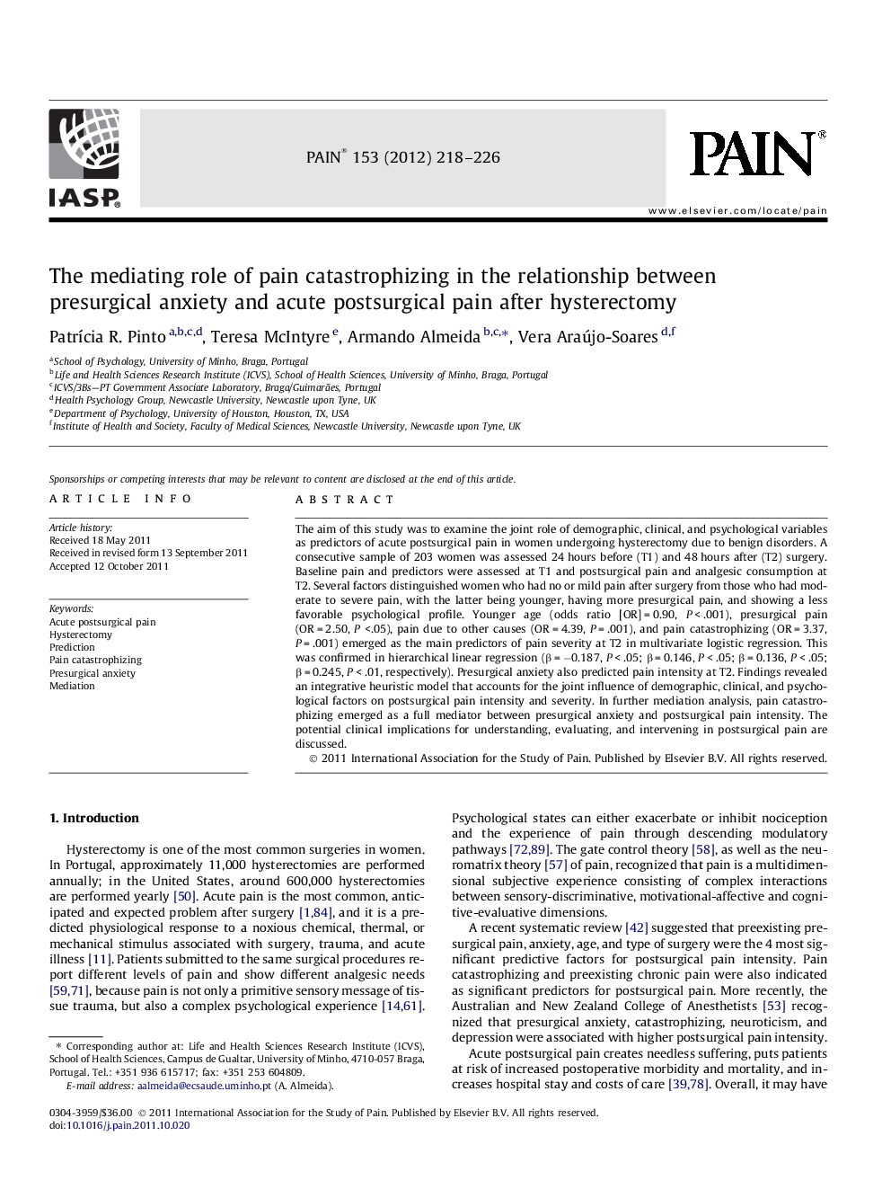 The mediating role of pain catastrophizing in the relationship between presurgical anxiety and acute postsurgical pain after hysterectomy