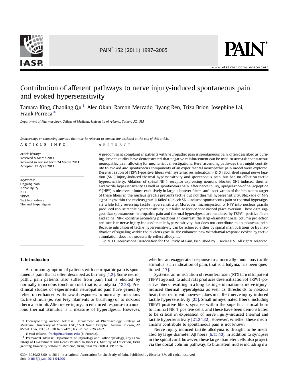 Contribution of afferent pathways to nerve injury-induced spontaneous pain and evoked hypersensitivity