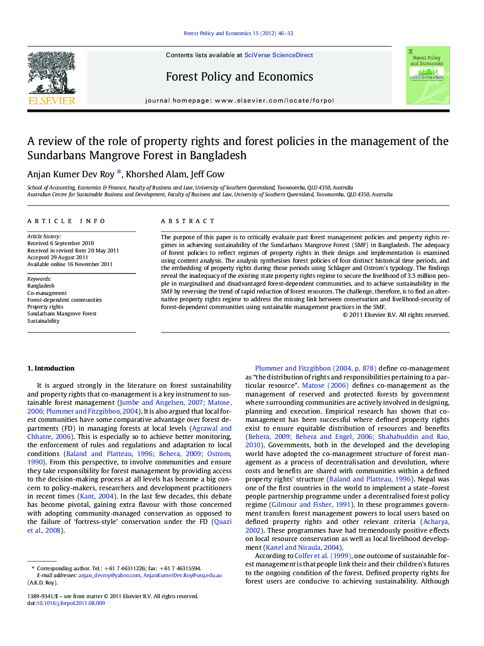 A review of the role of property rights and forest policies in the management of the Sundarbans Mangrove Forest in Bangladesh