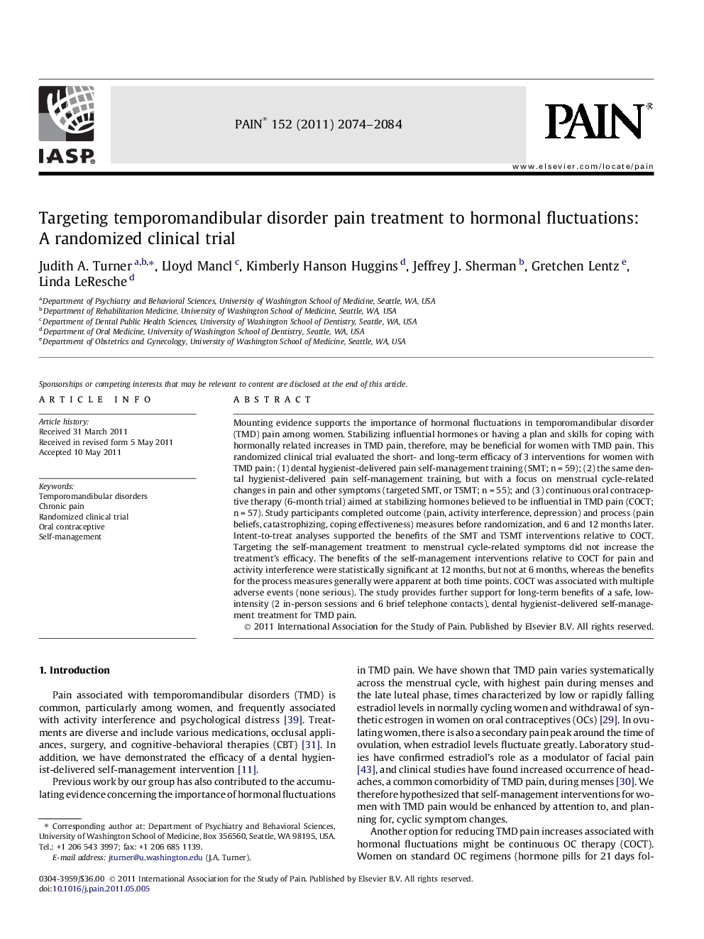 Targeting temporomandibular disorder pain treatment to hormonal fluctuations: A randomized clinical trial