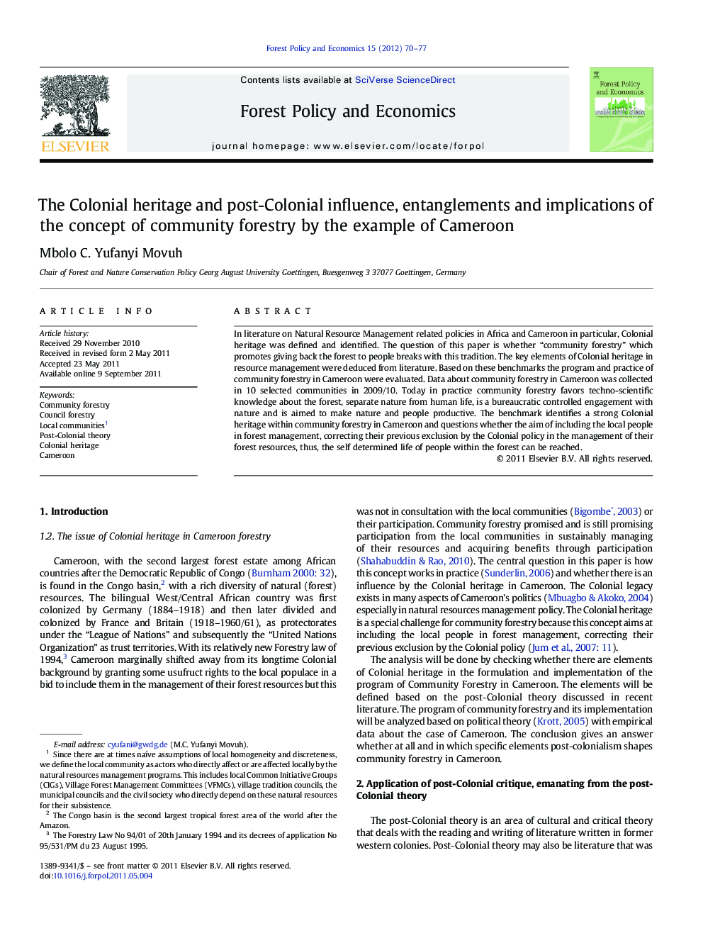 The Colonial heritage and post-Colonial influence, entanglements and implications of the concept of community forestry by the example of Cameroon