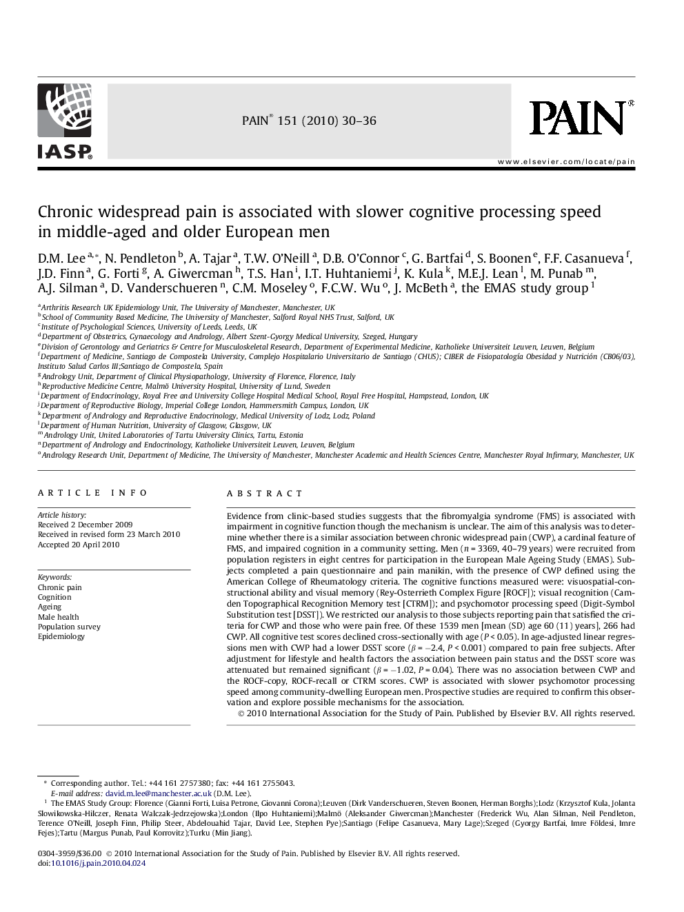 Chronic widespread pain is associated with slower cognitive processing speed in middle-aged and older European men