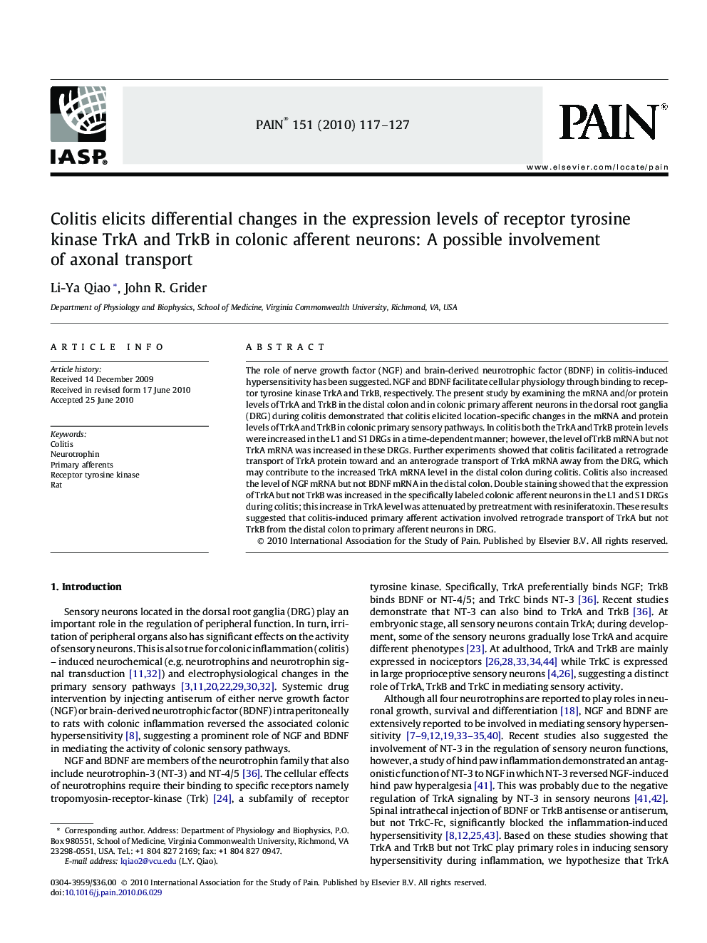 Colitis elicits differential changes in the expression levels of receptor tyrosine kinase TrkA and TrkB in colonic afferent neurons: A possible involvement of axonal transport