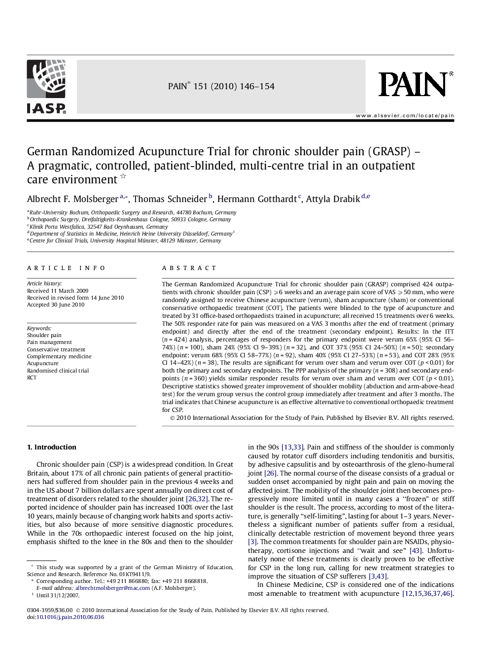 German Randomized Acupuncture Trial for chronic shoulder pain (GRASP) - A pragmatic, controlled, patient-blinded, multi-centre trial in an outpatient care environment