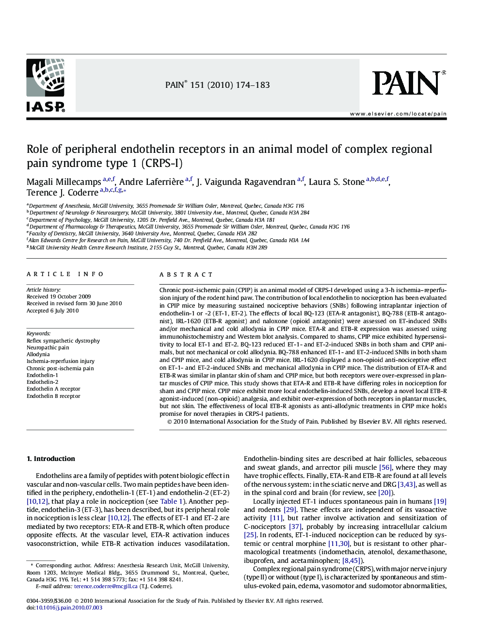 Role of peripheral endothelin receptors in an animal model of complex regional pain syndrome type 1 (CRPS-I)