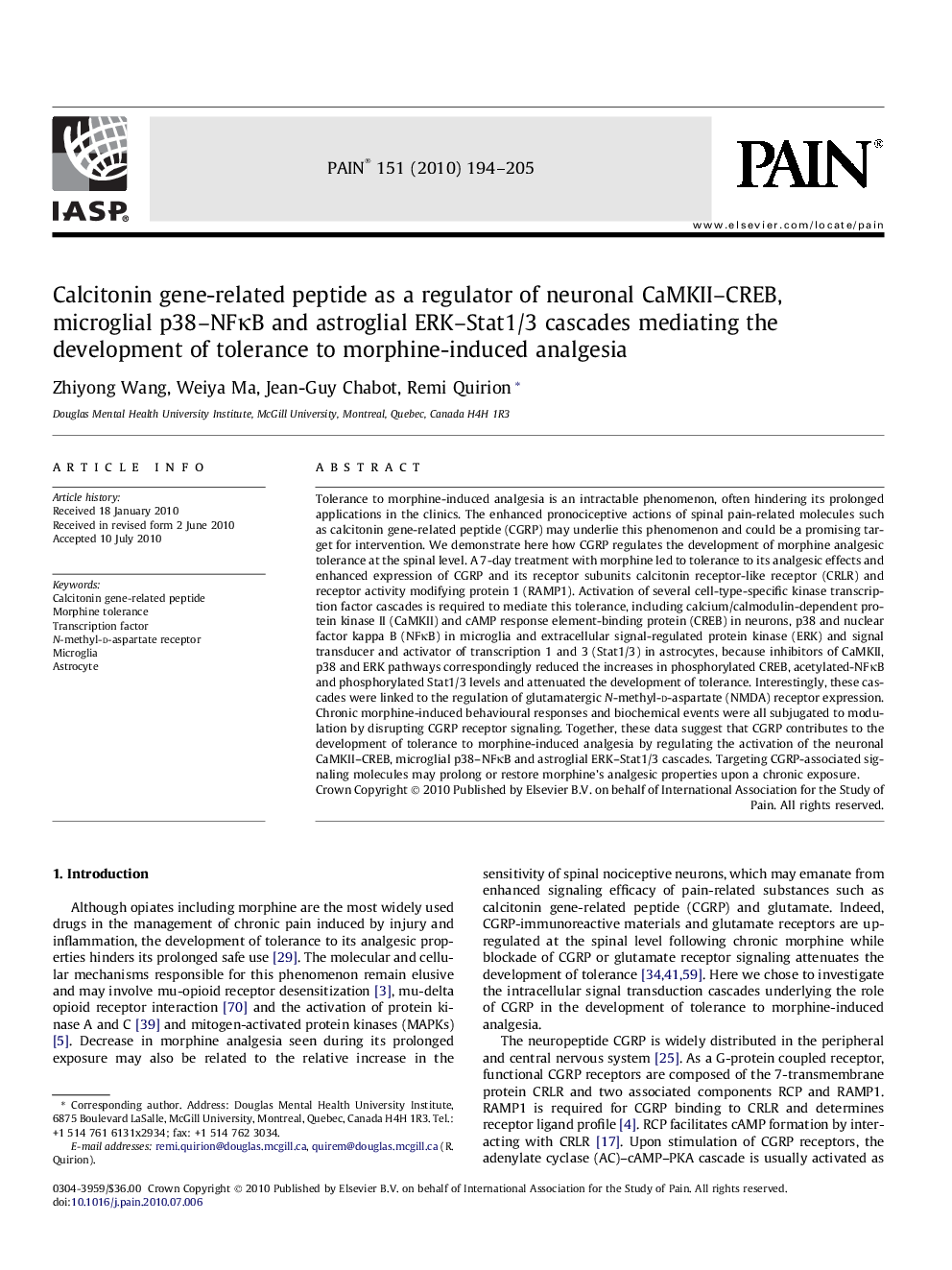 Calcitonin gene-related peptide as a regulator of neuronal CaMKII-CREB, microglial p38-NFÎºB and astroglial ERK-Stat1/3 cascades mediating the development of tolerance to morphine-induced analgesia