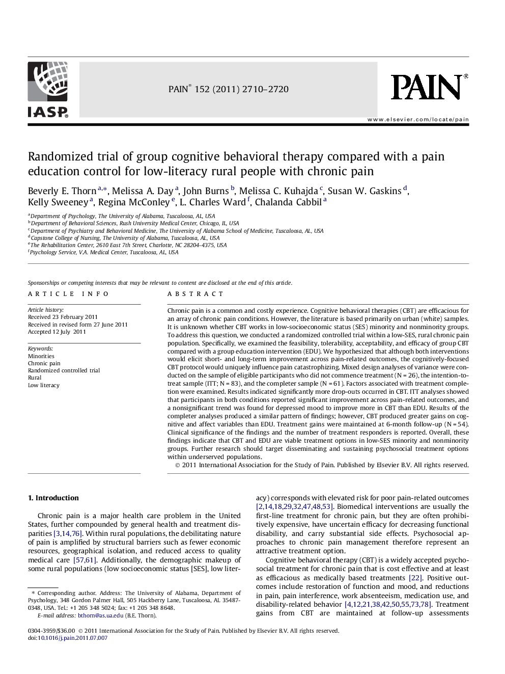 Randomized trial of group cognitive behavioral therapy compared with a pain education control for low-literacy rural people with chronic pain