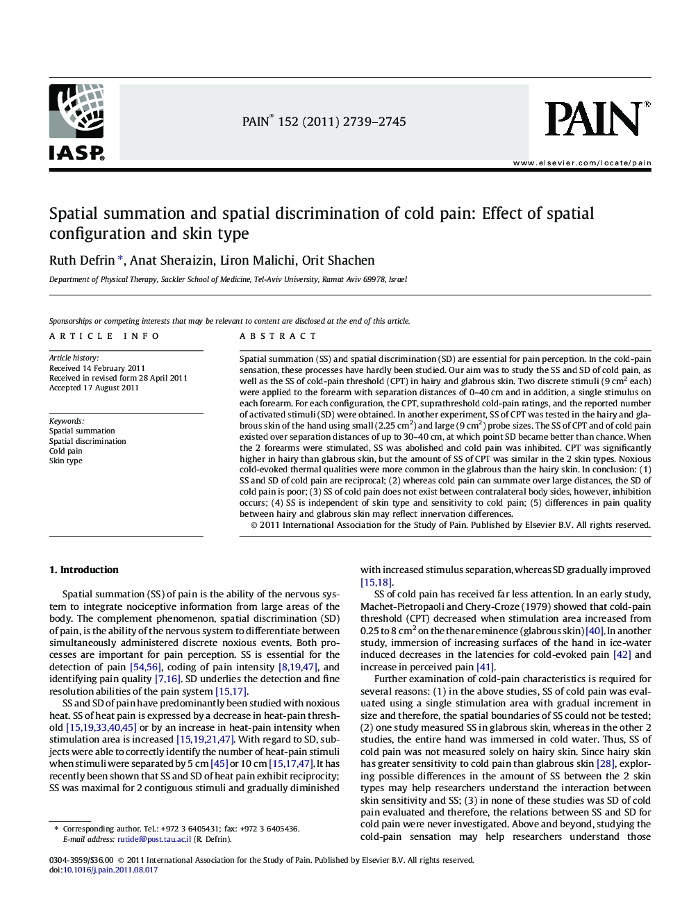 Spatial summation and spatial discrimination of cold pain: Effect of spatial configuration and skin type